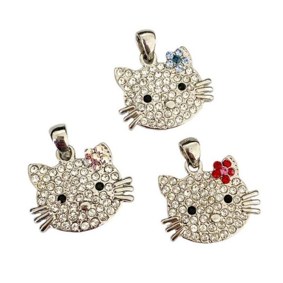 NWT 3 Large Crystal Silver Plated Hello Kitty Pendants - Red, Blue, Iridescent - Picture 1 of 2